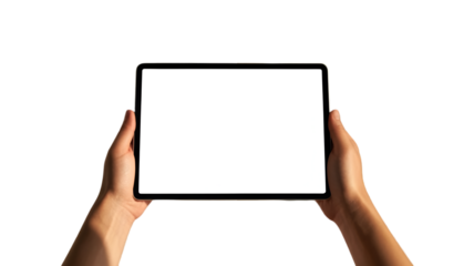 Hands holding a modern tablet with a blank white screen on transparent background