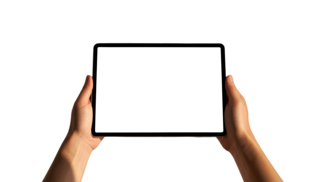 Hands holding a modern tablet with a blank white screen on transparent background
