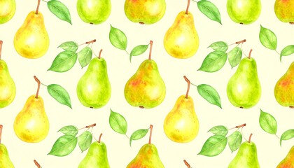 Watercolor pear pattern; light yellow background, green and yellow pears with leaves