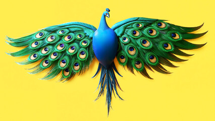 Illustration of a blue-green peacock, a symbol with a wingspan. 3D rendering of a beautiful bird on a yellow background.