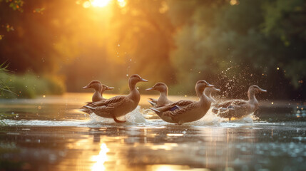 Ducks waddling through water with a backdrop of golden sunlight filtering through the surrounding trees.