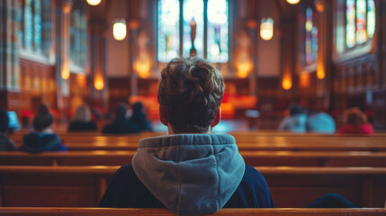 Person sitting on a pew with the back of their head to the camera, in what appears to be a church