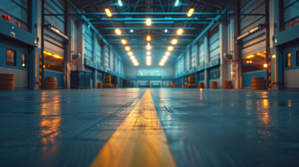 Spacious warehouse interior featuring a central yellow guiding line and ambient overhead lighting.