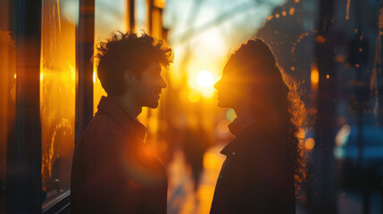 Two people at sunset, silhouetted against golden light, creates an atmosphere of warmth and connection.