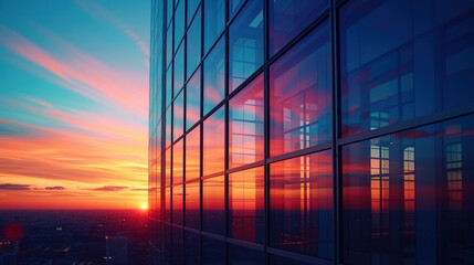 Urban Sunset: Modern building reflects vibrant hues of setting sun over cityscape in a breathtaking display.