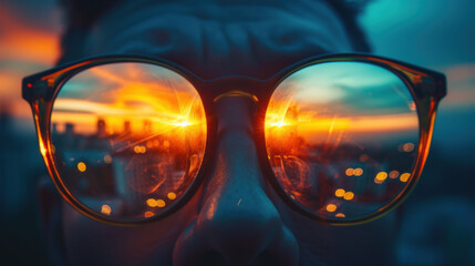 Sunset city seen through glasses. Reflected cityscape in eyewear at twilight. Urban view. Vision concept.