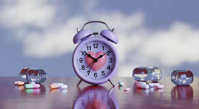 Medication Time: A conceptual still life of a heart-shaped clock surrounded by scattered pills, representing the critical timing of medicine intake for cardiovascular health, set against a soft.