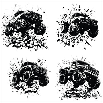 Four black and white monster trucks crushing rocks and splattering dirt

