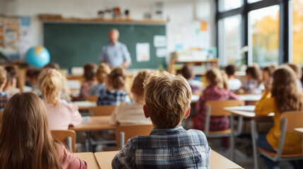 A classroom scene with students facing a teacher near a blackboard during a lesson in the day time
