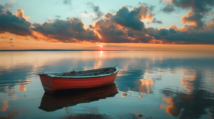 Solitary boat floating on tranquil water, reflecting the vibrant hues of a breathtaking sunset.