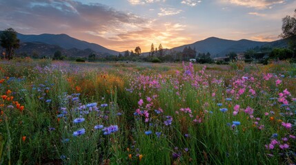 Vibrant wildflower meadow bathed in the golden light of a setting sun