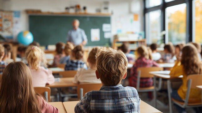 A classroom scene with students facing a teacher near a blackboard during a lesson in the day time