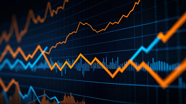 Abstract digital rendering of fluctuating stock market data visualized as glowing orange and blue lines against a dark background with bokeh effects, suggesting volatility and market trends