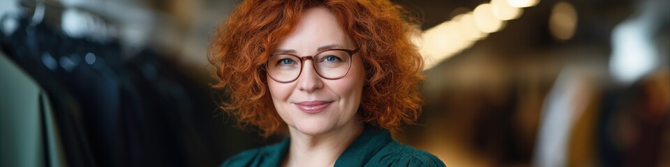 Obraz premium Mature caucasian female with curly red hair and glasses smiling