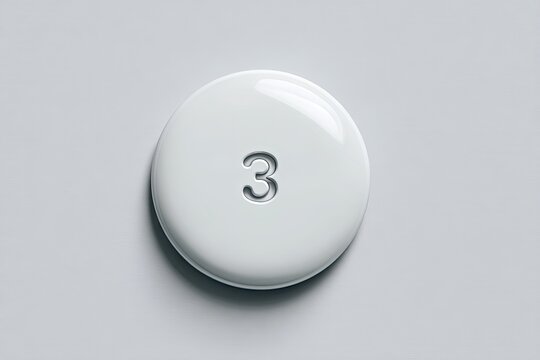A glossy, white, round button with the number three embossed