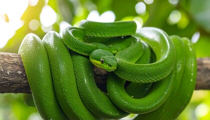 Green snakes coiled on a branch