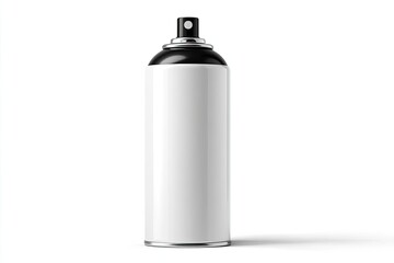 A vertically oriented spray can, white body, black nozzle