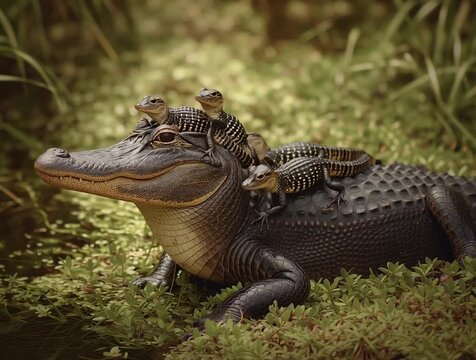 Alligator resting in lush greenery with four small reptiles perched on its back, showcasing a unique interaction in a natural habitat, highlighting wildlife coexistence