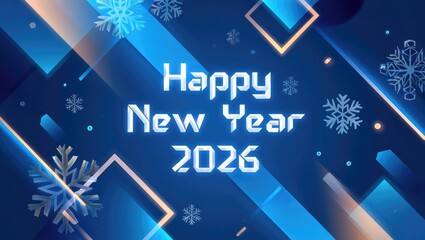 Modern blue geometric Happy New Year 2026 banner with snowflakes and festive light effects on vertical smartphone wallpaper. Generative AI.