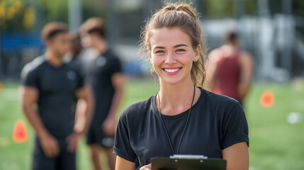 Smiling woman coach holding clipboard on field with team in background on a sunny day outdoors