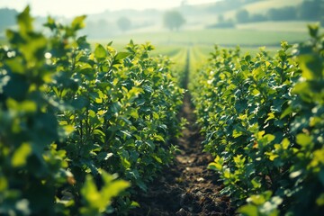 Obraz premium Rows of Lush Green Crop Plants Under a Bright Early Morning Sky