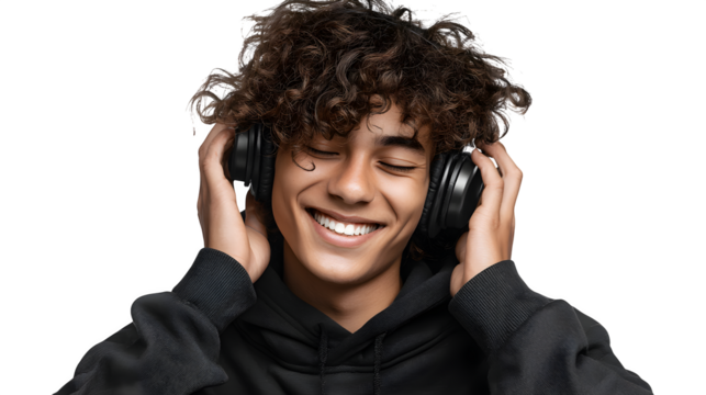 Young person wearing headphones and smiling