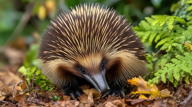 An echidna explores the forest floor, surrounded by fallen leaves