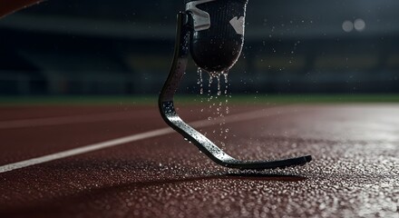 An Athlete with a Prosthetic Leg Ready to Run on a Wet Track at Night
