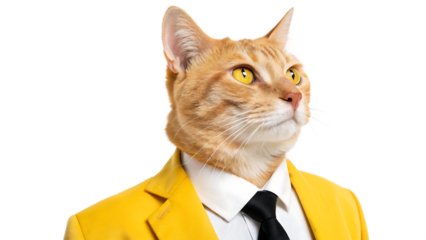 Anthropomorphic orange tabby cat dressed in a sharp yellow suit and tie