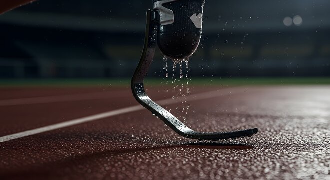 An Athlete with a Prosthetic Leg Ready to Run on a Wet Track at Night