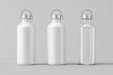 Three white and clear water bottles, side-by-side on a neutral background.  Metal handles on each