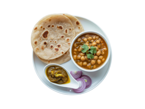 Indian chickpea curry with roti and pickle

