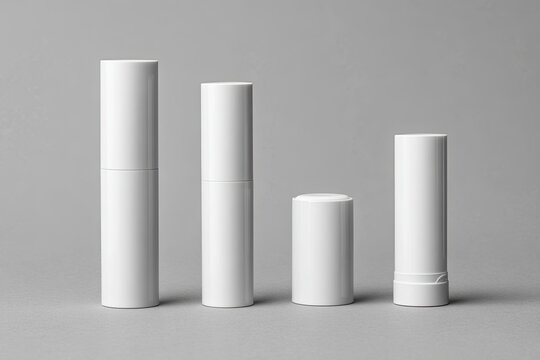 Four white cylindrical lipstick containers of varying heights