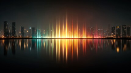 Obraz premium Colorful city skyline at night reflected in water. Vivid light streaks illuminate buildings