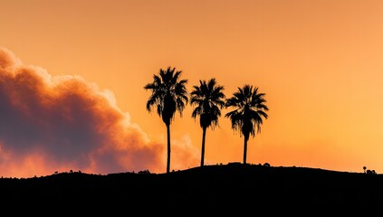 Silhouette of three palm trees at sunset, smoky horizon