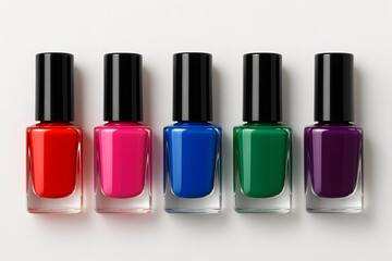 Obraz premium Row of Colorful Nail Polish Bottles on Clean Surface for Beauty and Cosmetic Product Display
