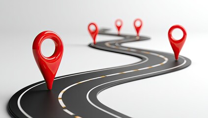 Winding road with red location markers
