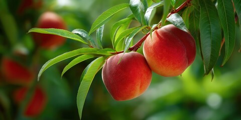Ripe peaches on tree branch in sunlit orchard