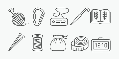 Sewing and knitting icon set - outline symbols for handmade crafts, DIY, tailoring, and textile hobby tools
