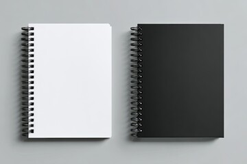 Two spiral-bound notebooks, one white, one black, lie flat on a gray surface