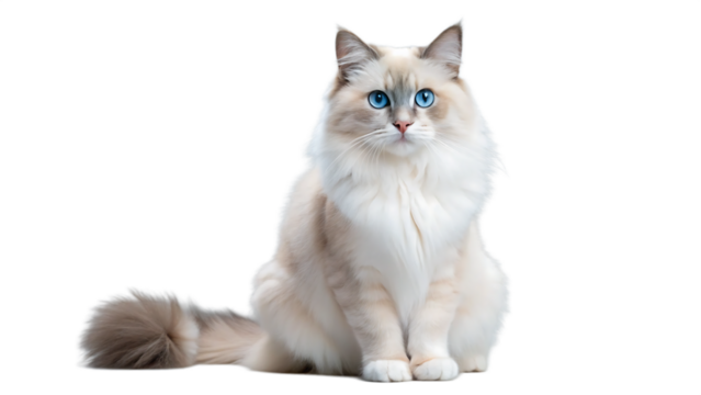 Majestic ragdoll cat with striking blue eyes sits gracefully against a black background