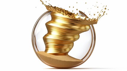 Rotating abstract 3D golden liquid vortex splashing inside clear glass sphere on white background - Powered by Adobe