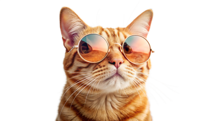 Cool orange tabby cat wearing round reflective sunglasses against a black background