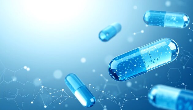 Blue capsules float against a blurred, light blue background.  Chemical structures are subtly present