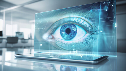 Futuristic biometric eye scan interface projected from tablet. High-tech digital identity system. Ideal for cybersecurity, AI, and authentication visuals.