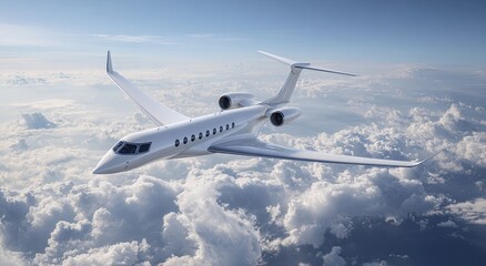 Sleek white jet soaring above fluffy clouds