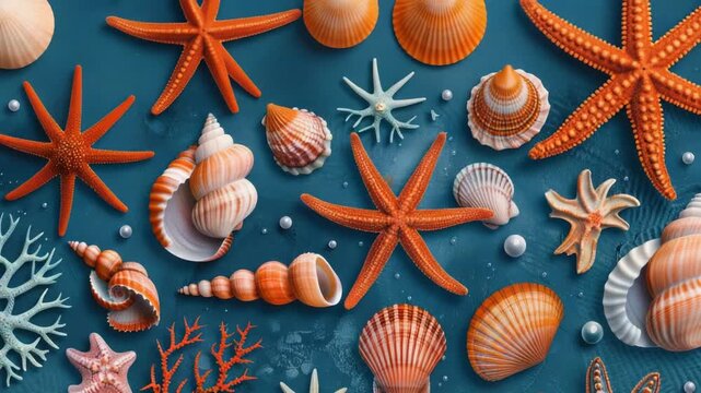 Collection of sea shells and starfishes on a blue surface