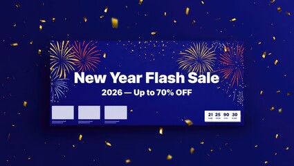 Naklejka premium New Year Flash Sale banner with fireworks and discount text on deep blue background. Perfect for online promotions and digital marketing. Generative AI.