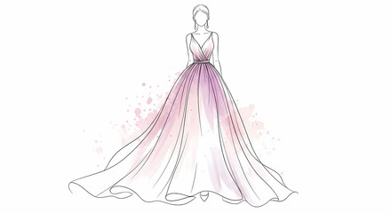Elegant fashion illustration of a woman in a beautiful pink and purple ombre watercolor gown. A hand-drawn sketch for bridal or evening wear design.