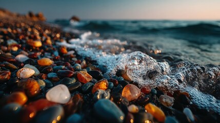 Colorful pebbles at the water's edge
